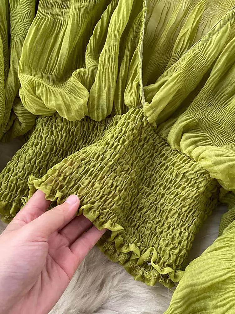 Mirla | Elegant Chiffon V-Läder Puff Långa Ärmar Korta Toppar-Eva Jonsson