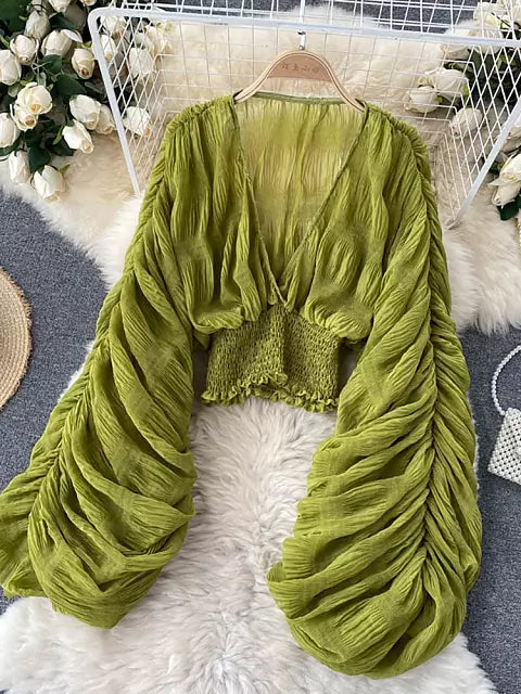 Mirla | Elegant Chiffon V-Läder Puff Långa Ärmar Korta Toppar-Eva Jonsson