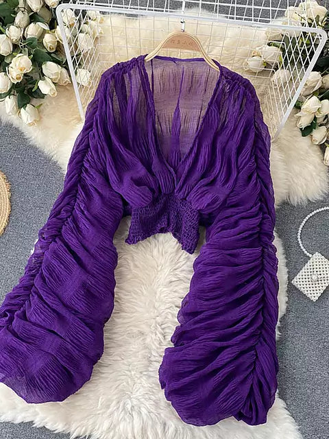 Mirla | Elegant Chiffon V-Läder Puff Långa Ärmar Korta Toppar-Eva Jonsson