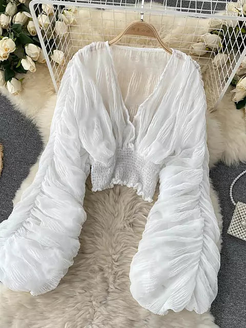 Mirla | Elegant Chiffon V-Läder Puff Långa Ärmar Korta Toppar-Eva Jonsson