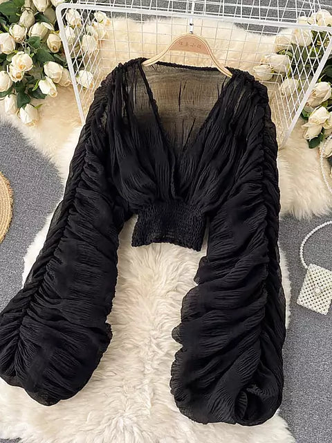 Mirla | Elegant Chiffon V-Läder Puff Långa Ärmar Korta Toppar-Eva Jonsson