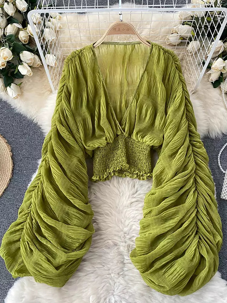 Mirla | Elegant Chiffon V-Läder Puff Långa Ärmar Korta Toppar-Eva Jonsson