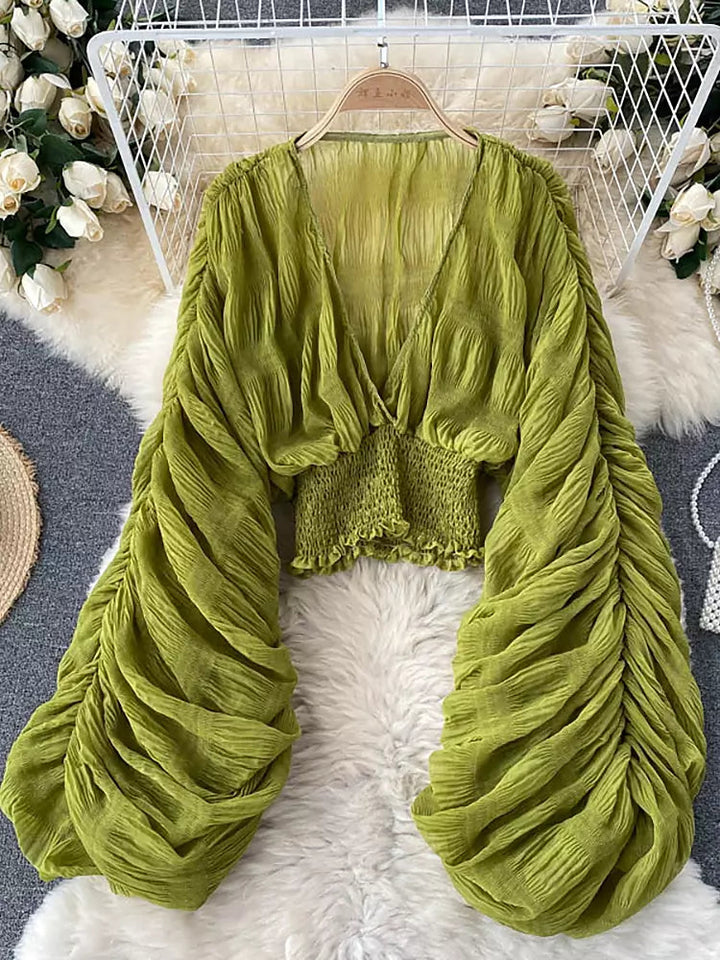 Mirla | Elegant Chiffon V-Läder Puff Långa Ärmar Korta Toppar-Eva Jonsson