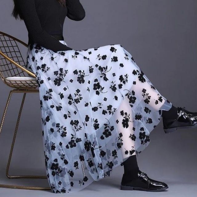 Mirla | Elegant Maxikjol i mesh med blommönster-Eva Jonsson