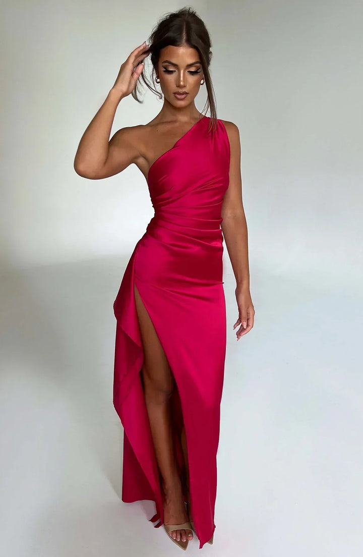 Mirla | Elegant One Shoulder Satin Split Klänning-Eva Jonsson