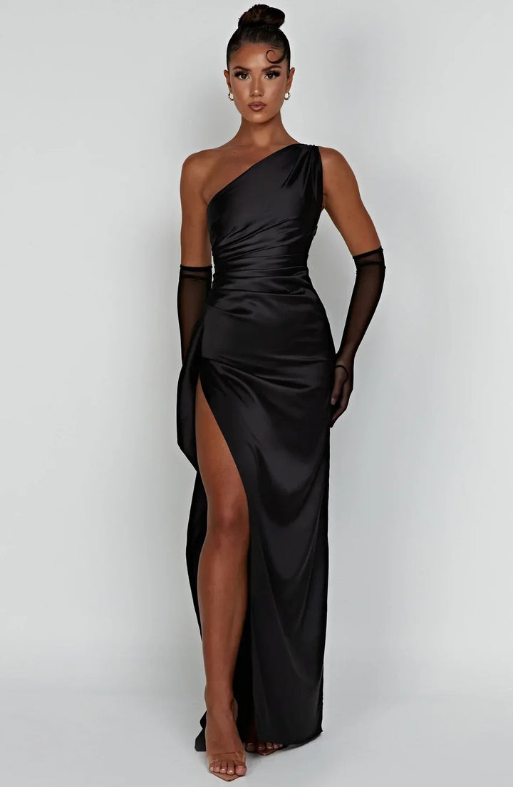 Mirla | Elegant One Shoulder Satin Split Klänning-Eva Jonsson