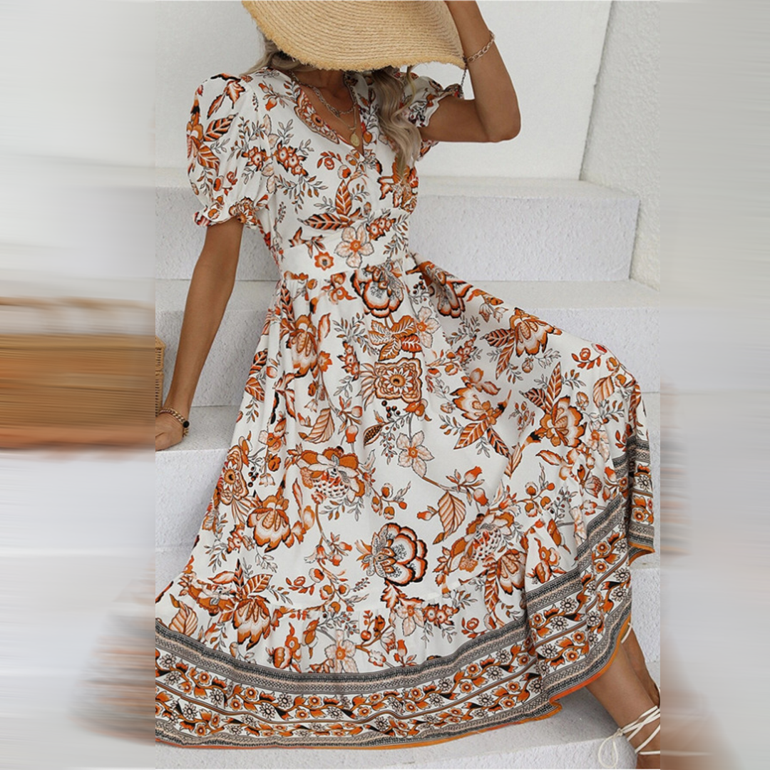 Mirla | Elegant Orange Blomklänning-Eva Jonsson