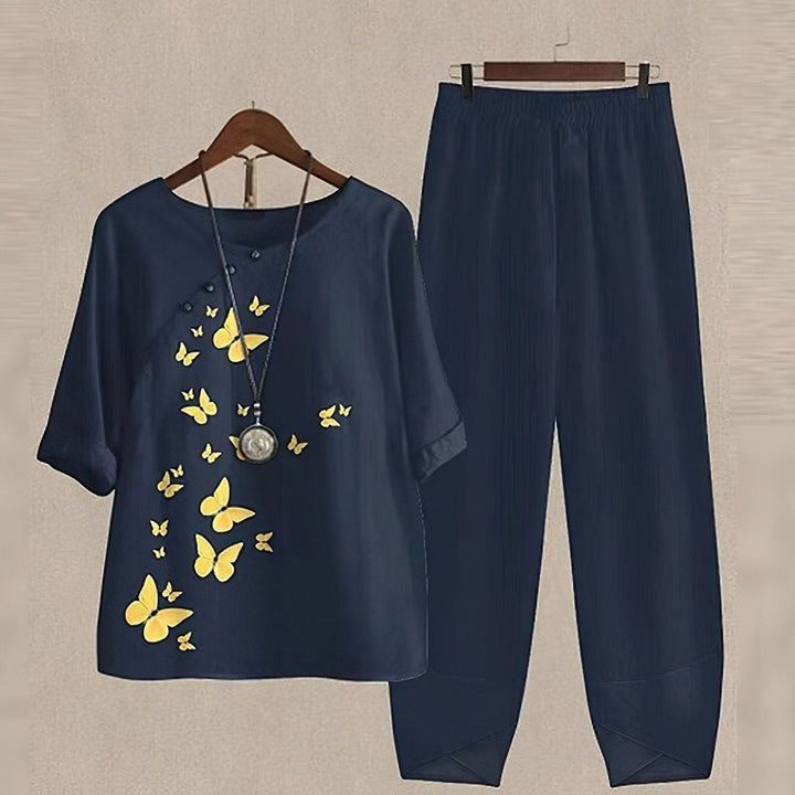 Mirla | Elegant Tvådelat Set med Fjärilstryck för Damer-Eva Jonsson