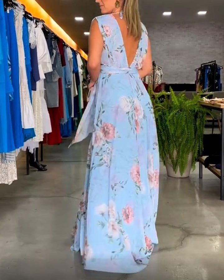 Mirla | Elegant ärmlös V-hals blomtryck klänning-Eva Jonsson
