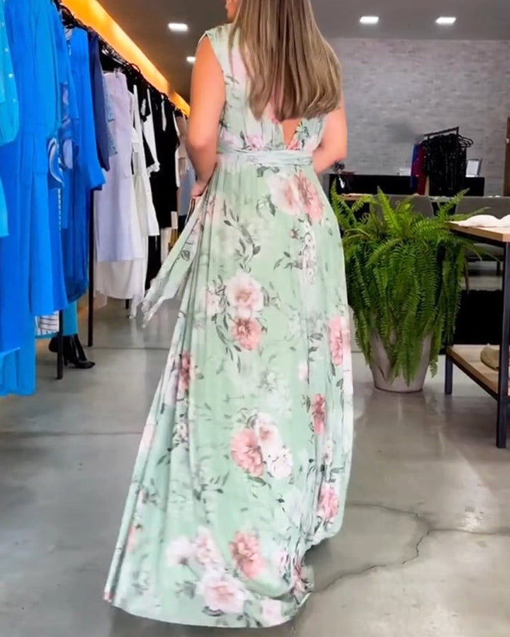 Mirla | Elegant ärmlös V-hals blomtryck klänning-Eva Jonsson