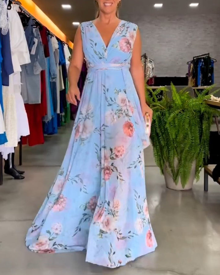 Mirla | Elegant ärmlös V-hals blomtryck klänning-Eva Jonsson
