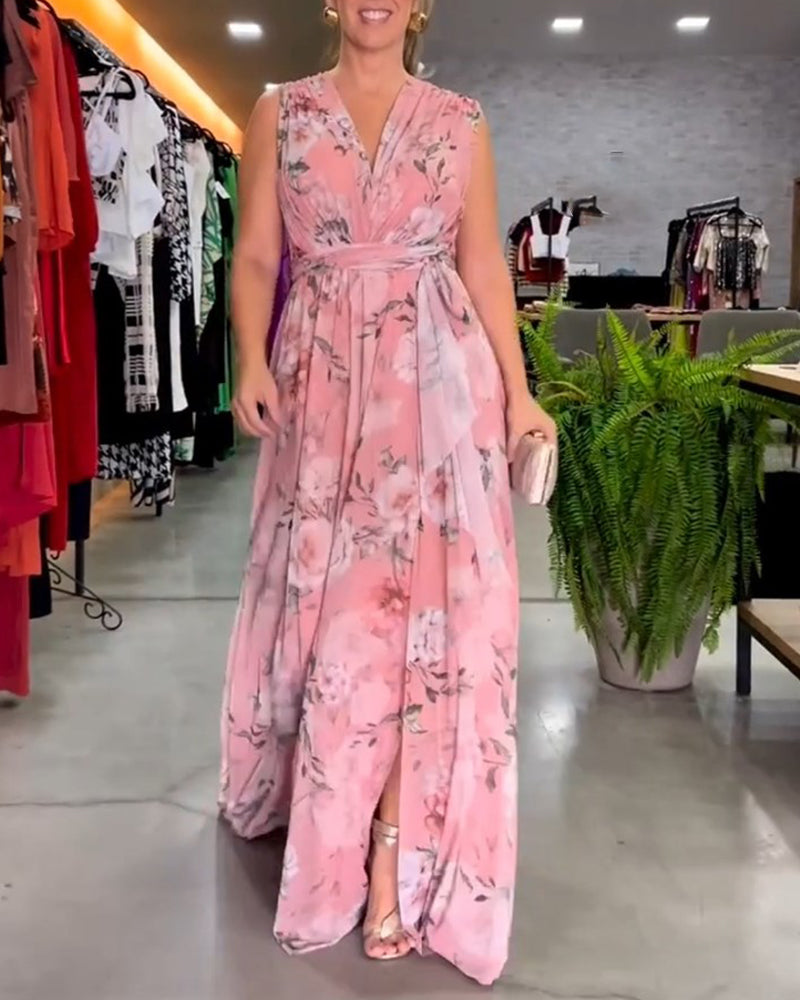 Mirla | Elegant ärmlös V-hals blomtryck klänning-Eva Jonsson