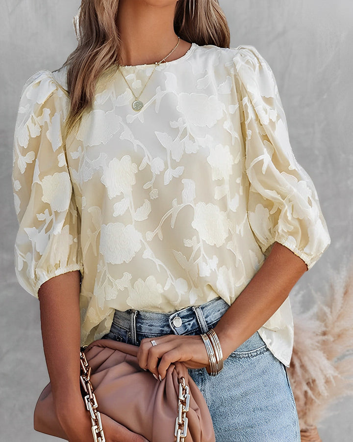 Mirla | Elegant blus med puffärmar och blommönster-Eva Jonsson