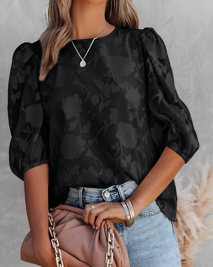 Mirla | Elegant blus med puffärmar och blommönster-Eva Jonsson