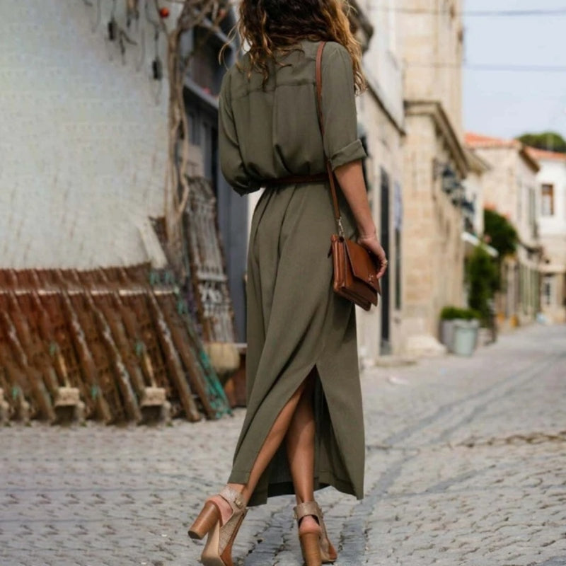 Mirla | Elegant button-down skjortklänning för damer Långärmad skjortklänning i bohemisk stil med bälte-Eva Jonsson