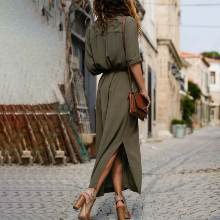 Mirla | Elegant button-down skjortklänning för damer Långärmad skjortklänning i bohemisk stil med bälte-Eva Jonsson