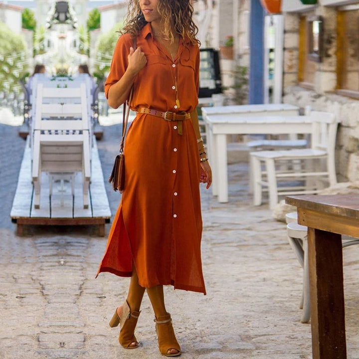 Mirla | Elegant button-down skjortklänning för damer Långärmad skjortklänning i bohemisk stil med bälte-Eva Jonsson