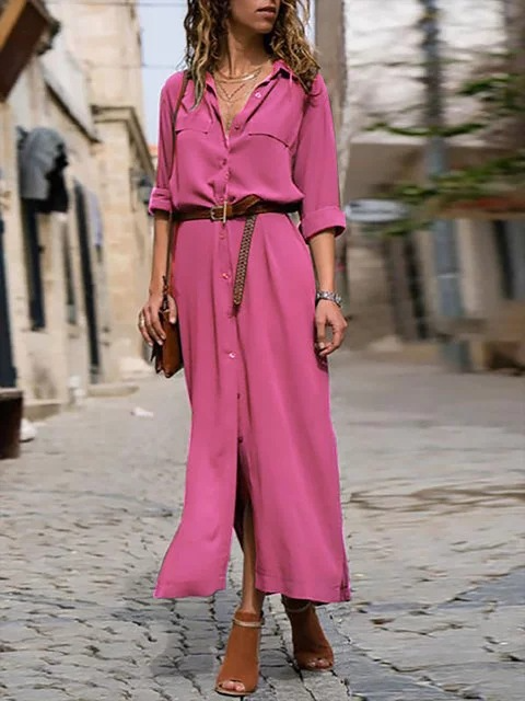 Mirla | Elegant button-down skjortklänning för damer Långärmad skjortklänning i bohemisk stil med bälte-Eva Jonsson