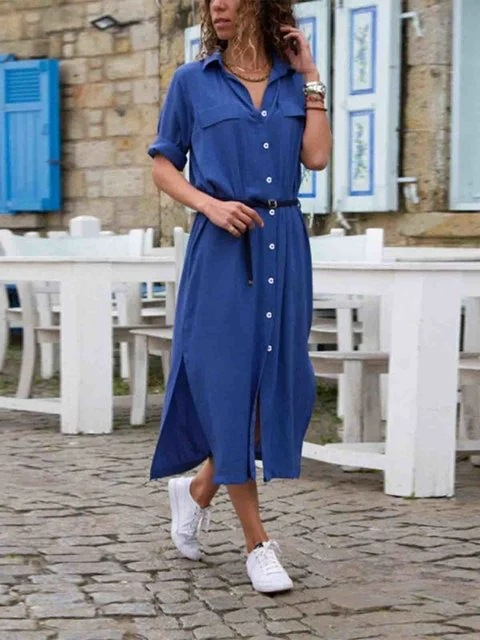 Mirla | Elegant button-down skjortklänning för damer Långärmad skjortklänning i bohemisk stil med bälte-Eva Jonsson