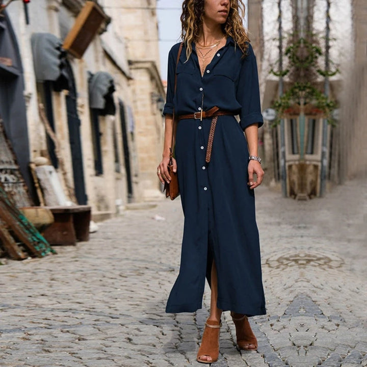 Mirla | Elegant button-down skjortklänning för damer Långärmad skjortklänning i bohemisk stil med bälte-Eva Jonsson