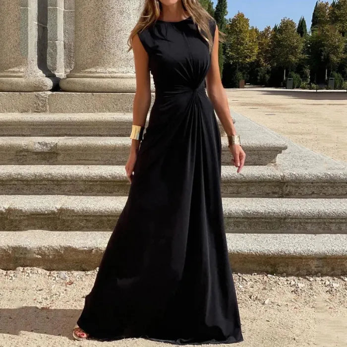 Mirla | Elegant långklänning med långa ärmar, slagkrage och enfärgad V-ringning för damer-Eva Jonsson