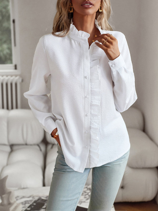 Mirla | Elegant pendlaröverdel med öppna knappar och volanger-Eva Jonsson
