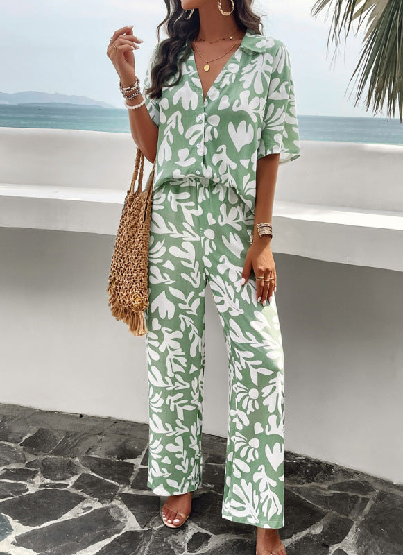 Mirla | Elegant trendande vit strandtrycksbyxa & blusset-Eva Jonsson