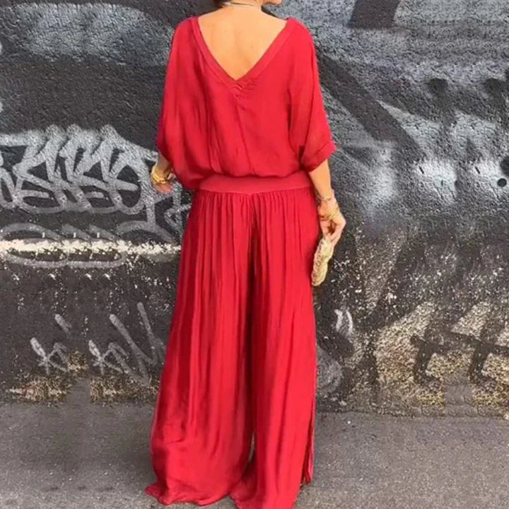 Mirla | Elegant tvådelat set av chiffong topp och byxor med vida ben-Eva Jonsson
