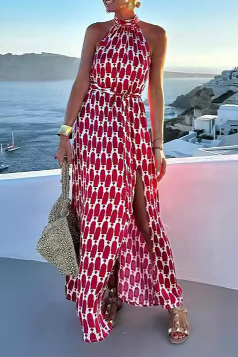 Mirla | Eleganta ärmlösa klänningar med geometrisk tryck, slits och halsband-Eva Jonsson