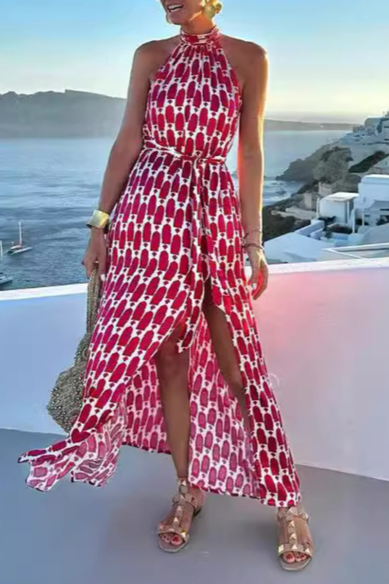 Mirla | Eleganta ärmlösa klänningar med geometrisk tryck, slits och halsband-Eva Jonsson