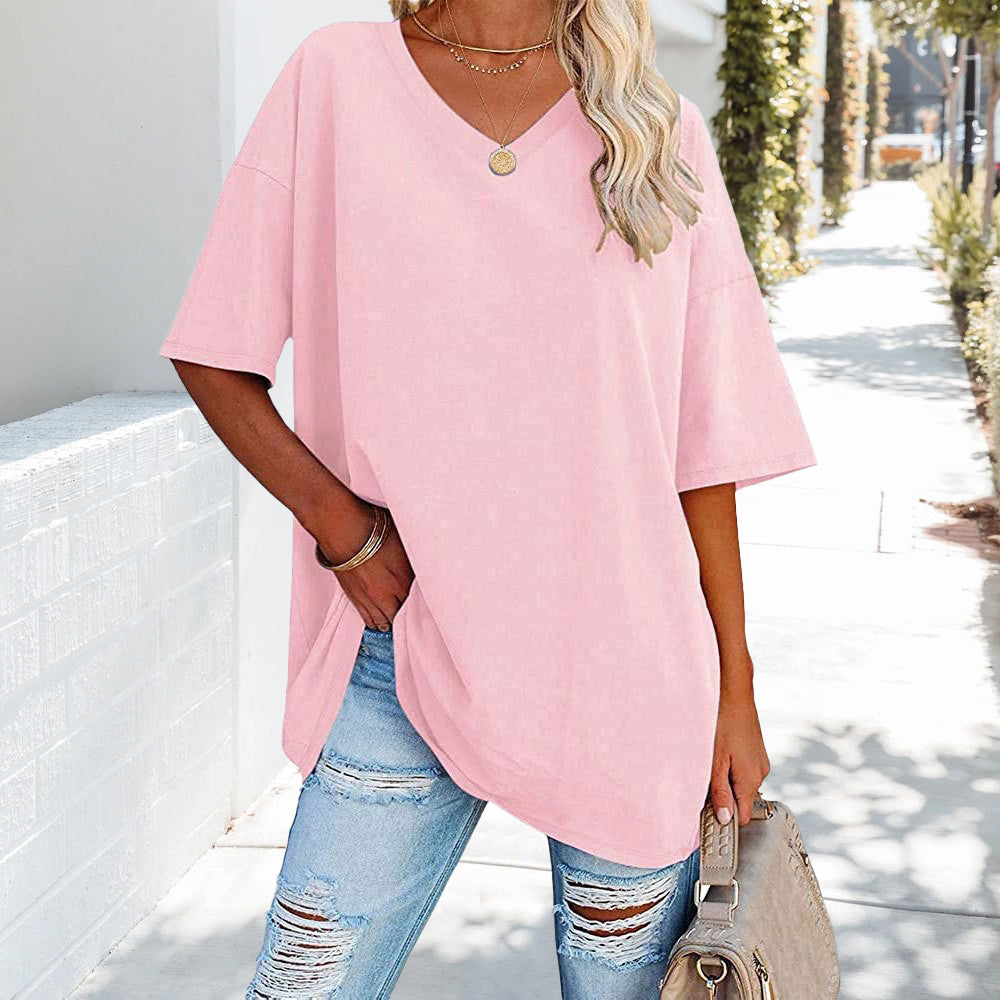 Mirla | Enfärgad Ny Dam-T-Shirt i Bomull med V-Urringning-Eva Jonsson