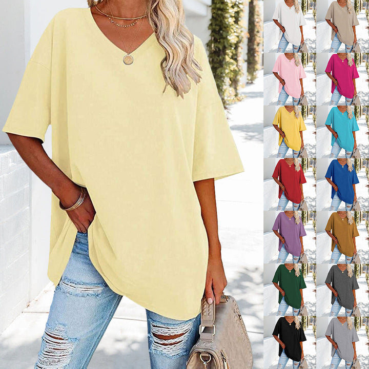 Mirla | Enfärgad Ny Dam-T-Shirt i Bomull med V-Urringning-Eva Jonsson