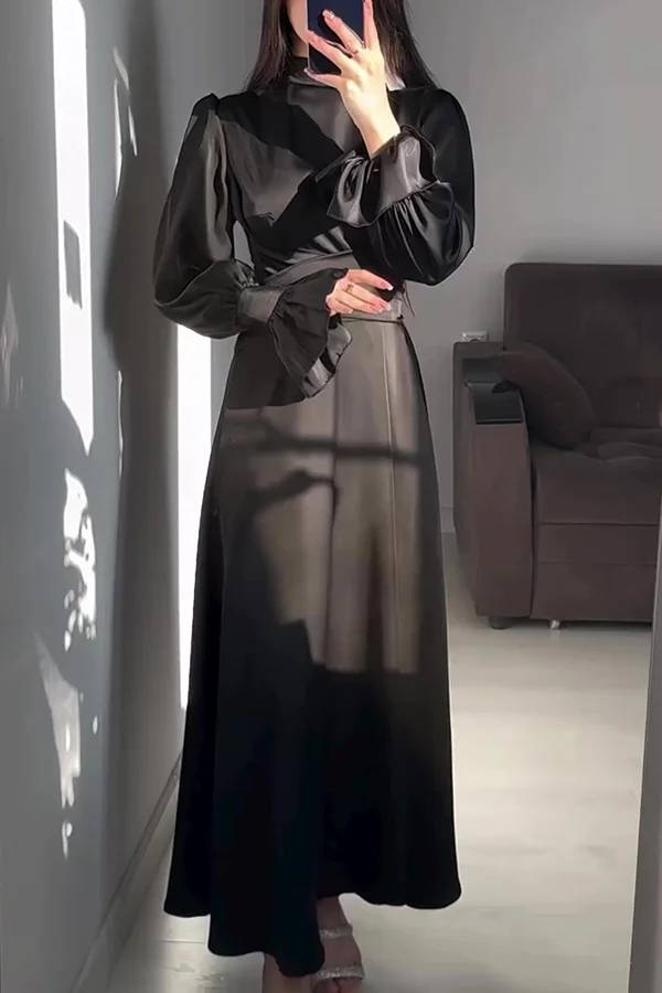 Mirla | Enfärgad Volangärms Tårtad Knyt Slim Fit Maxiklänning-Eva Jonsson