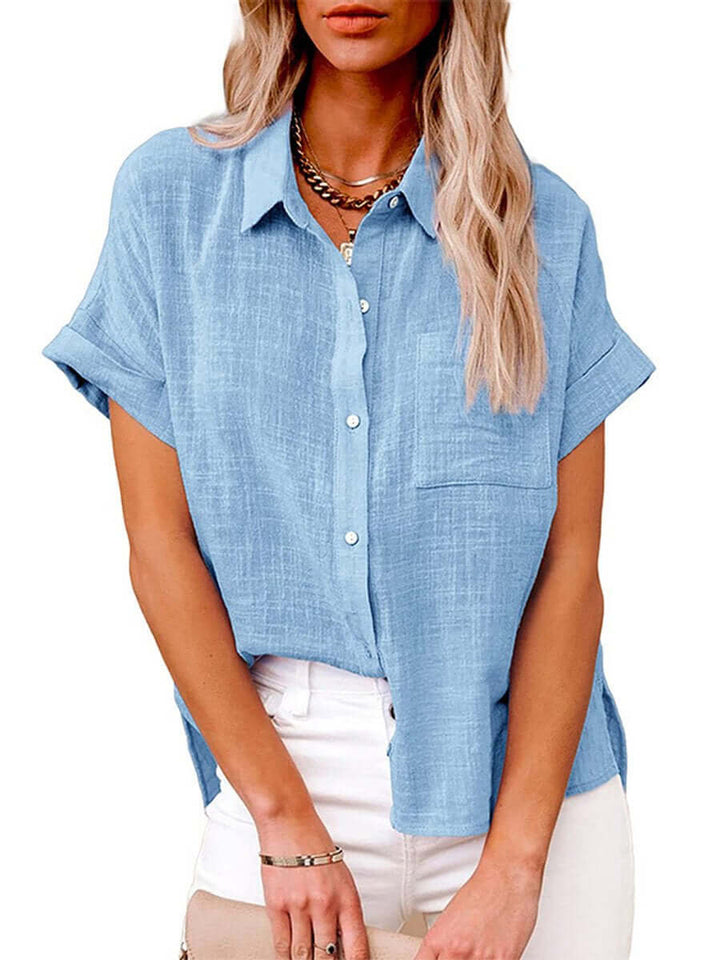 Mirla | Enfärgad button-down skjorta med korta ärmar-Eva Jonsson