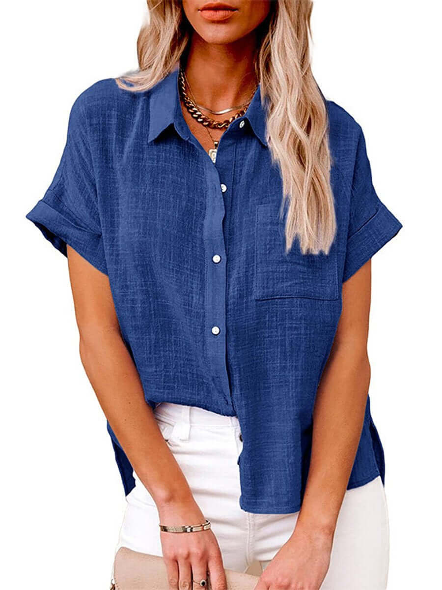 Mirla | Enfärgad button-down skjorta med korta ärmar-Eva Jonsson