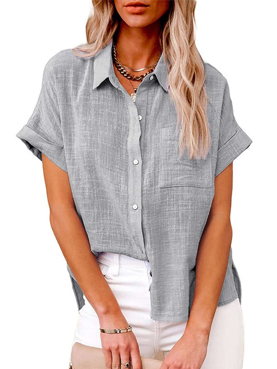 Mirla | Enfärgad button-down skjorta med korta ärmar-Eva Jonsson