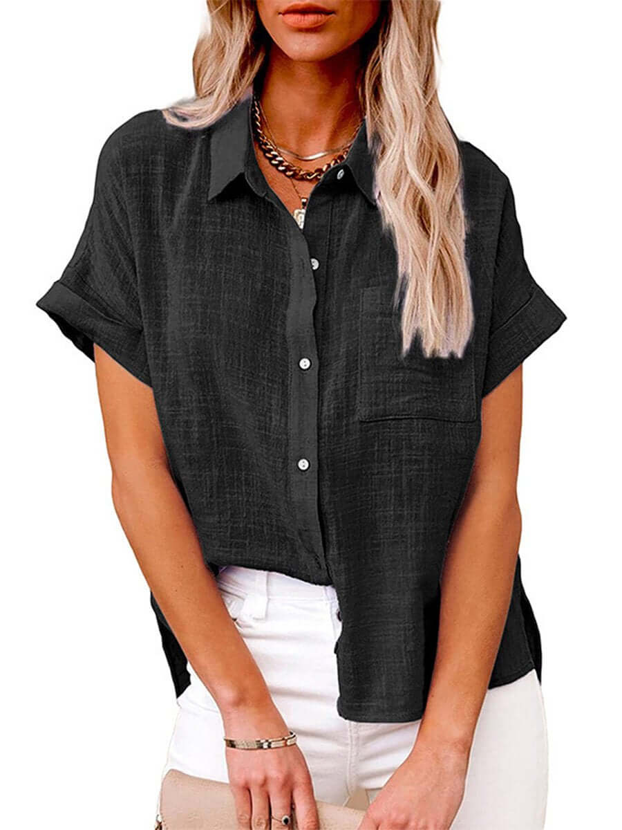 Mirla | Enfärgad button-down skjorta med korta ärmar-Eva Jonsson