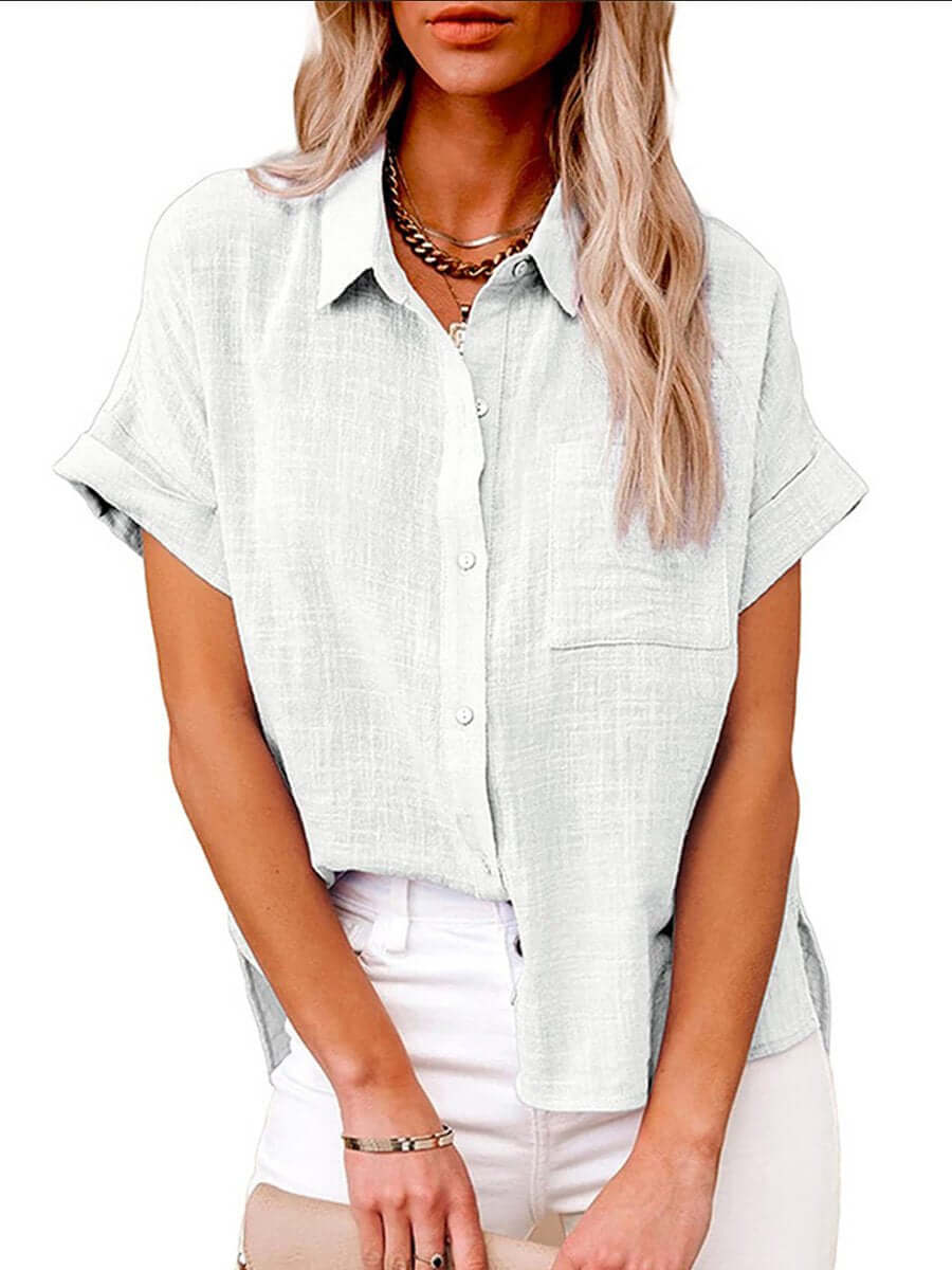 Mirla | Enfärgad button-down skjorta med korta ärmar-Eva Jonsson
