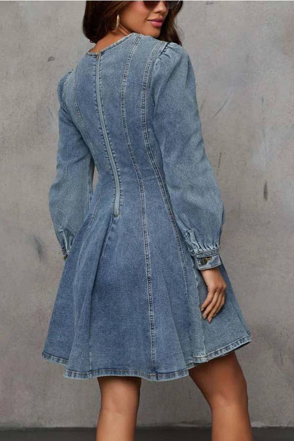 Mirla | Fade Into You Denim Princessline Ryggdragkedja Flare Stretch Mini Klänning-Eva Jonsson