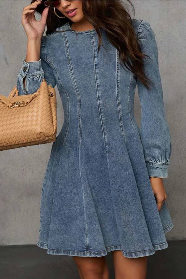 Mirla | Fade Into You Denim Princessline Ryggdragkedja Flare Stretch Mini Klänning-Eva Jonsson