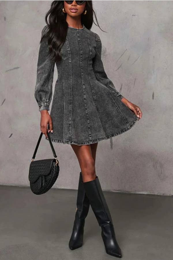 Mirla | Fade Into You Denim Princessline Ryggdragkedja Flare Stretch Mini Klänning-Eva Jonsson