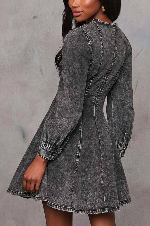 Mirla | Fade Into You Denim Princessline Ryggdragkedja Flare Stretch Mini Klänning-Eva Jonsson