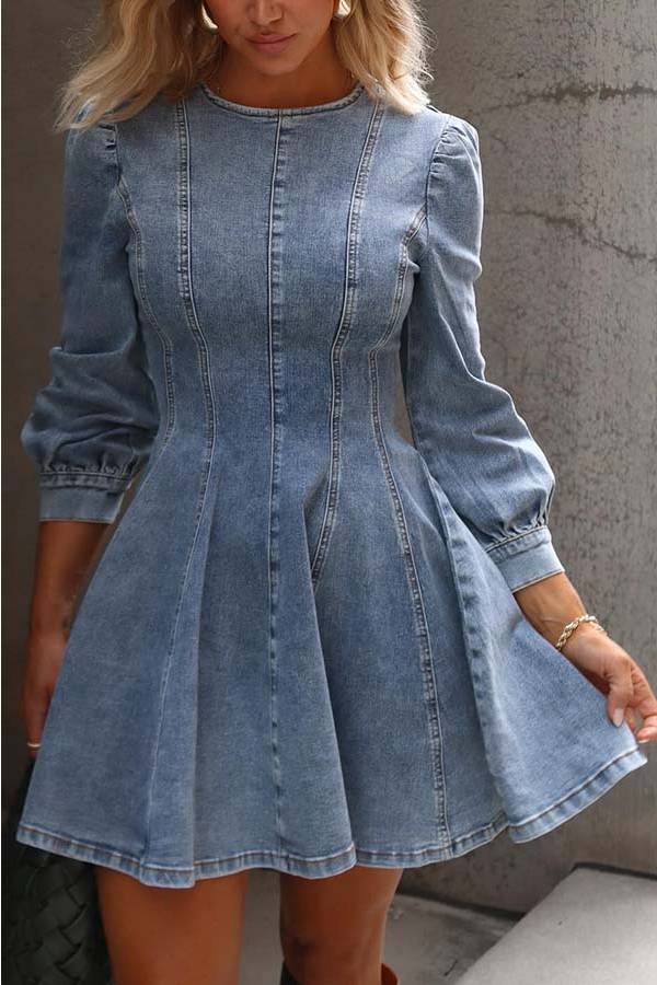 Mirla | Fade Into You Denim Princessline Ryggdragkedja Flare Stretch Mini Klänning-Eva Jonsson