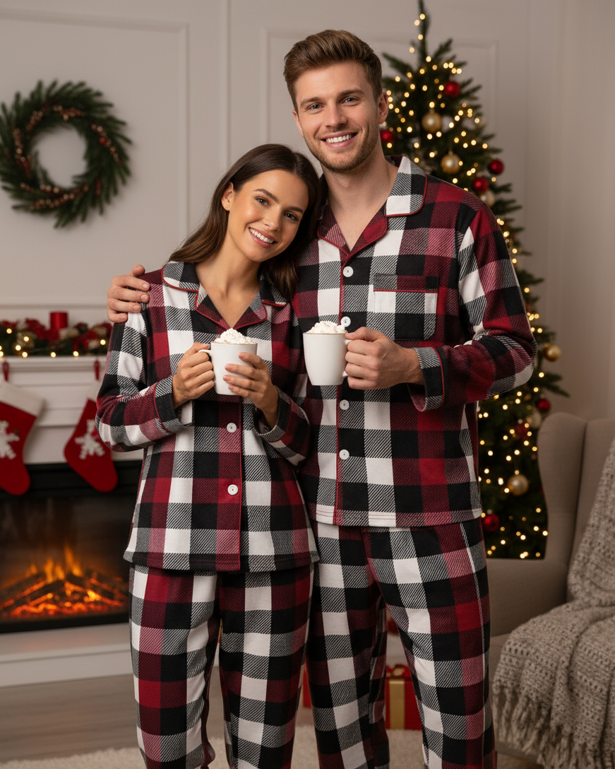 Mirla | Familj Jul Röd och Vit Rutigt Knäppning Pyjamas Set-Eva Jonsson