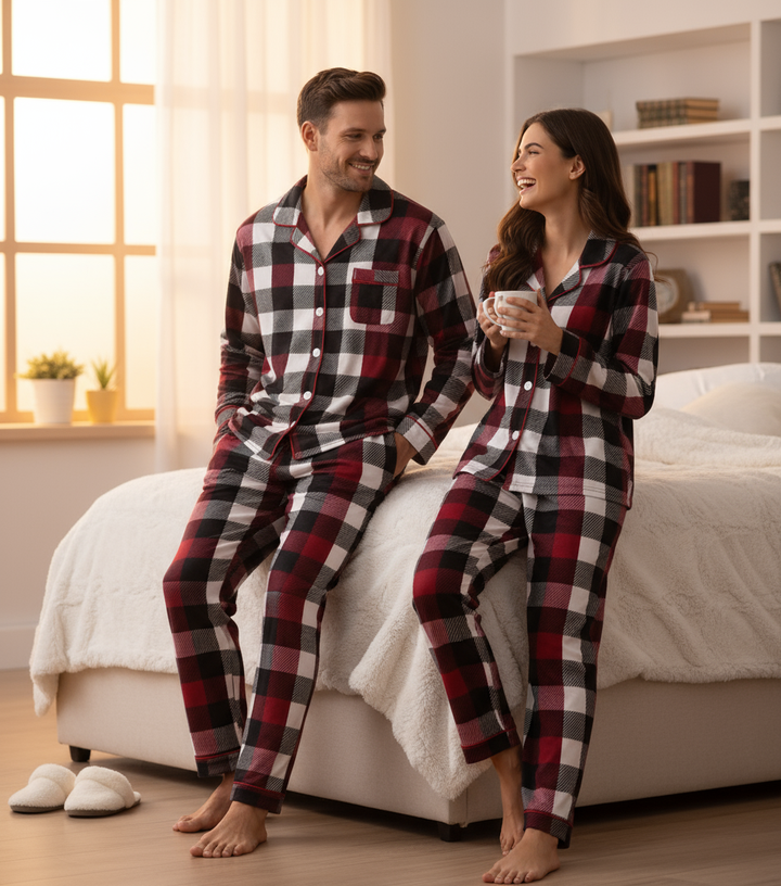 Mirla | Familj Jul Röd och Vit Rutigt Knäppning Pyjamas Set-Eva Jonsson