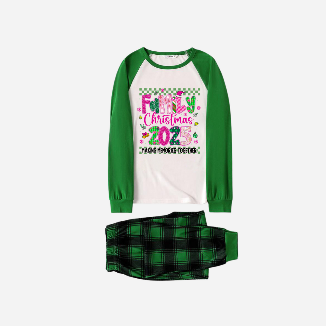 Mirla | Familjejul 2025 Faux Glitter Grön Raglanärm och Grön Rutigt Jul-Pyjamas-Set-Eva Jonsson