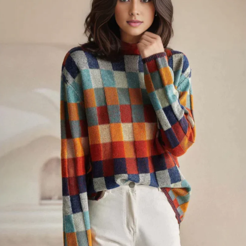 Mirla | Färgglad Rullkrage Tröja med Patchwork-Mönster-Eva Jonsson