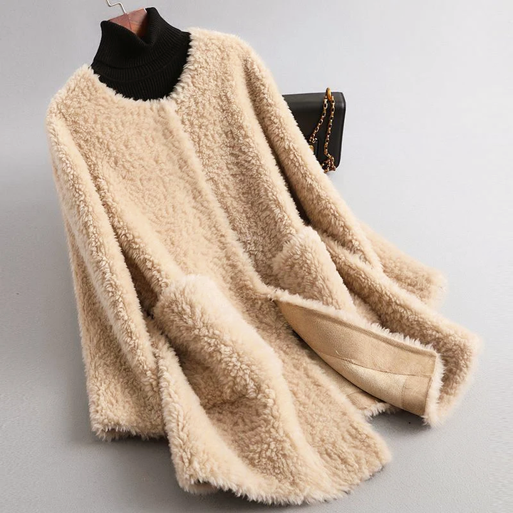 Mirla | Faux Shearling Midikappa med Rundhalsutskärning-Eva Jonsson