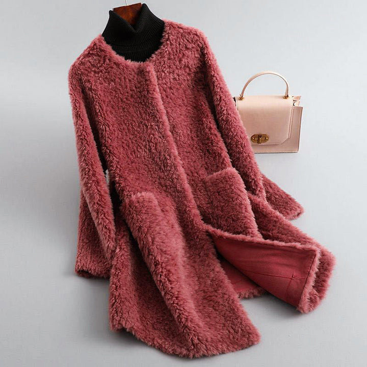 Mirla | Faux Shearling Midikappa med Rundhalsutskärning-Eva Jonsson