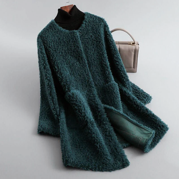 Mirla | Faux Shearling Midikappa med Rundhalsutskärning-Eva Jonsson